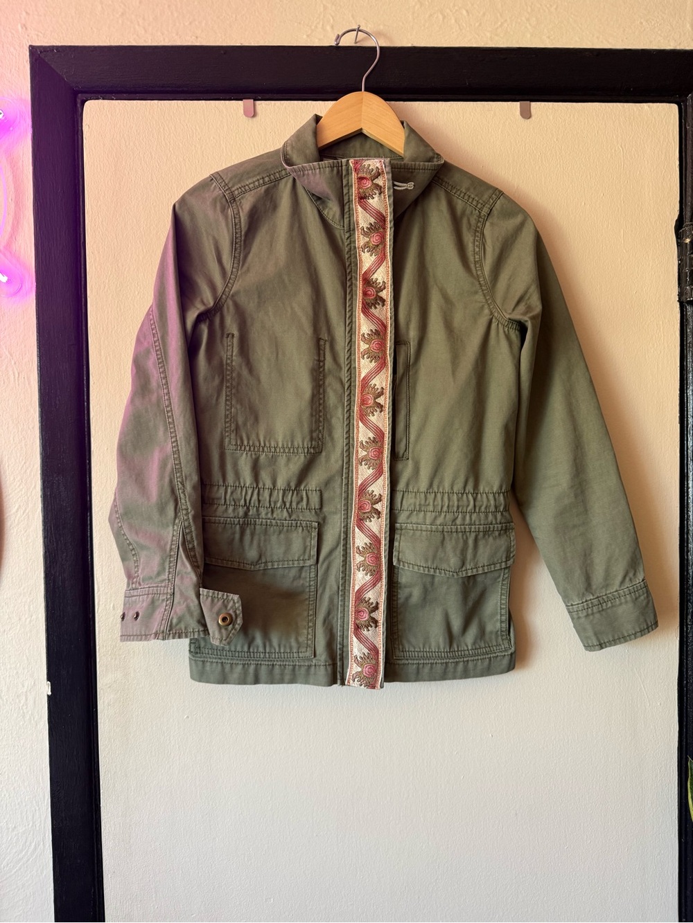 Madewell Olive Utility Jacket with custom flower Detail